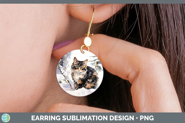 Winter Snow Tortoiseshell Cat Round Earrings Sublimation Ear