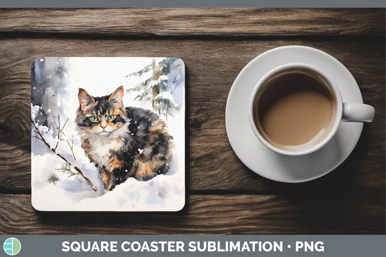 Winter Snow Tortoiseshell Cat Square Coaster Sublimation Coa