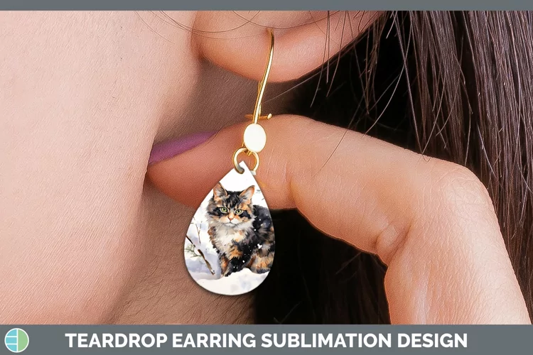 Winter Snow Tortoiseshell Cat Teardrop Earrings Sublimation