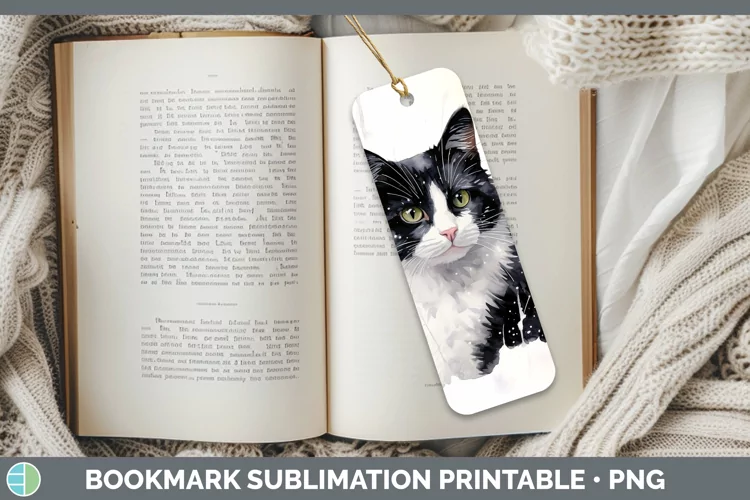 Winter Snow Tuxedo Cat Bookmark Sublimation Printable Design