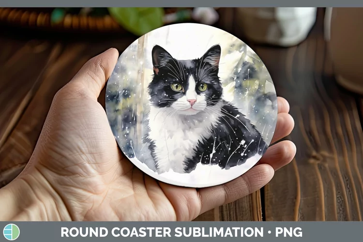 Winter Snow Tuxedo Cat Round Coaster Sublimation Coaster Des