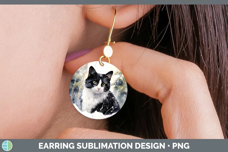 Winter Snow Tuxedo Cat Round Earrings Sublimation Earrings D