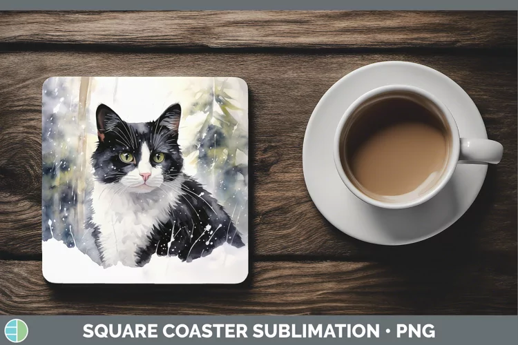 Winter Snow Tuxedo Cat Square Coaster Sublimation Coaster De