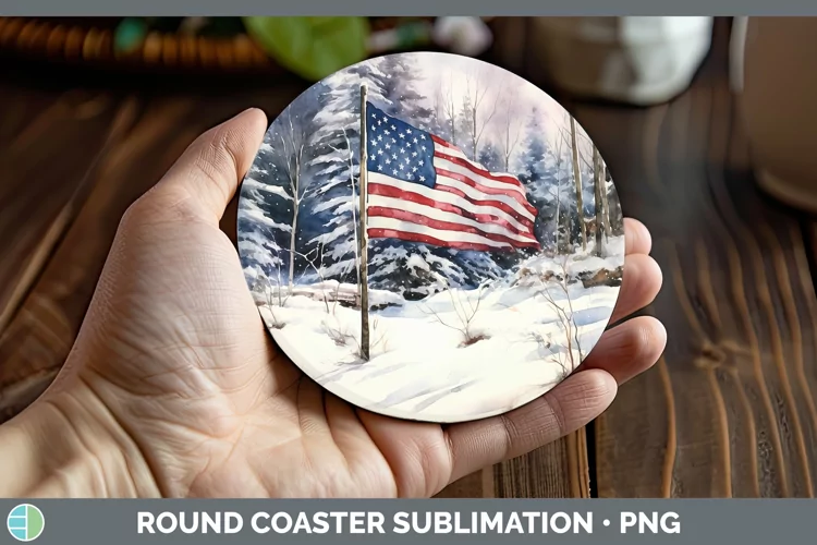 Winter Snow USA Flag Round Coaster Sublimation Coaster Desig