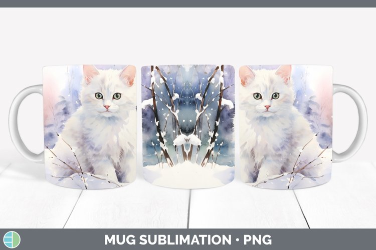 Winter Snow White Cat Mug Wrap Sublimation Coffee Cup Design