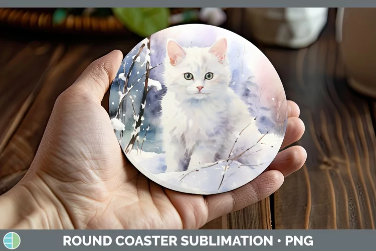 Winter Snow White Cat Round Coaster Sublimation Coaster Desi