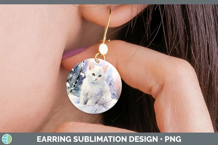 Winter Snow White Cat Round Earrings Sublimation Earrings De