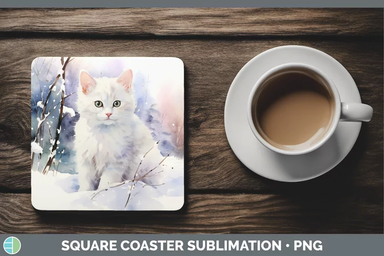 Winter Snow White Cat Square Coaster Sublimation Coaster Des