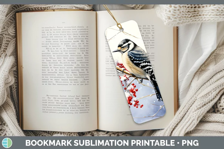 Winter Snow Woodpecker Downy Bookmark Sublimation Printable