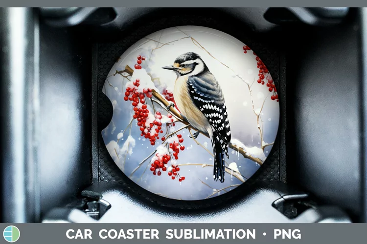 Winter Snow Woodpecker Downy Car Coaster Sublimation Coaster