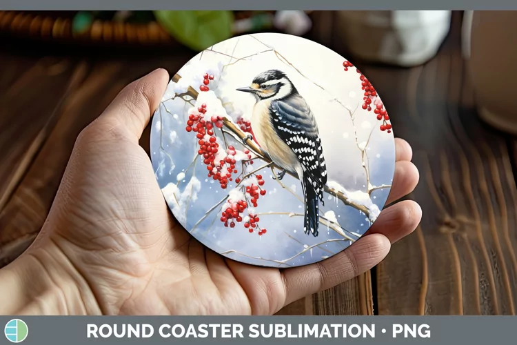 Winter Snow Woodpecker Downy Round Coaster Sublimation Coast