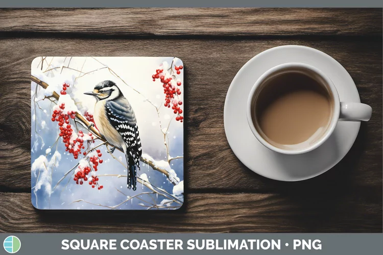 Winter Snow Woodpecker Downy Square Coaster Sublimation Coas