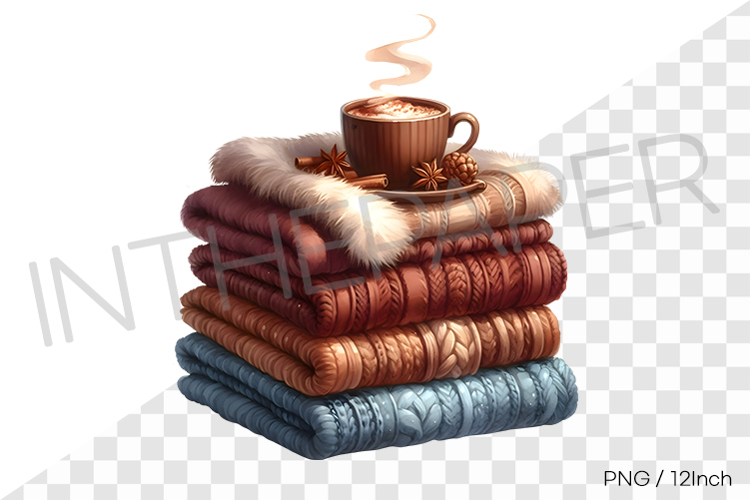 Warm hot chocolate on cozy textile PNG winter fabric clipart
