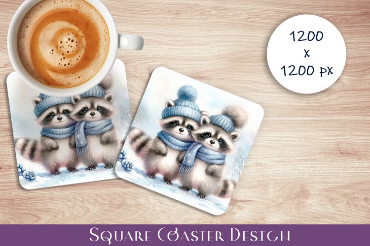 Cute raccoons Coaster Design. Winter Coaster Sublimation