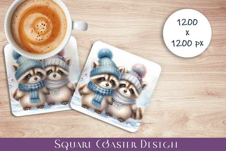 Cute raccoons Coaster Design. Winter Coaster Sublimation