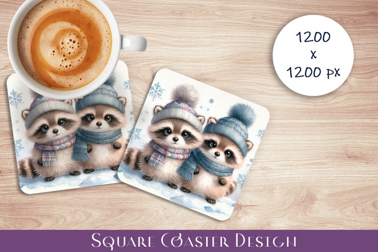 Cute raccoons Coaster Design. Winter Coaster Sublimation