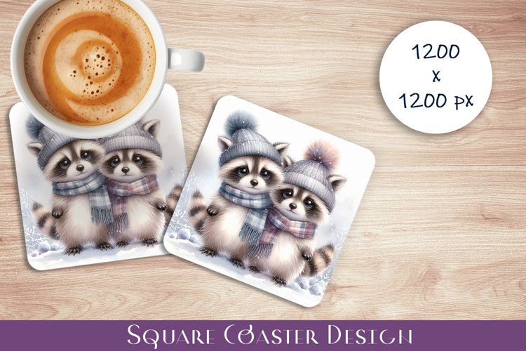 Cute raccoons Coaster Design. Winter Coaster Sublimation