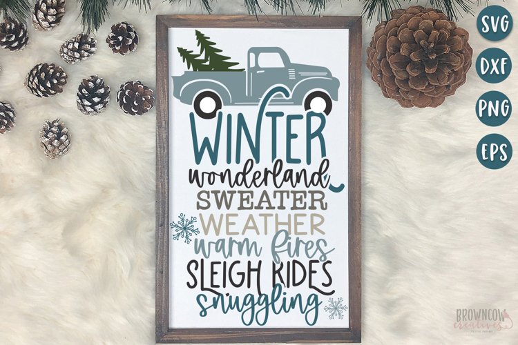 Winter Subway Word Art with a blue vintage truck shown on a white sign with a wooden frame