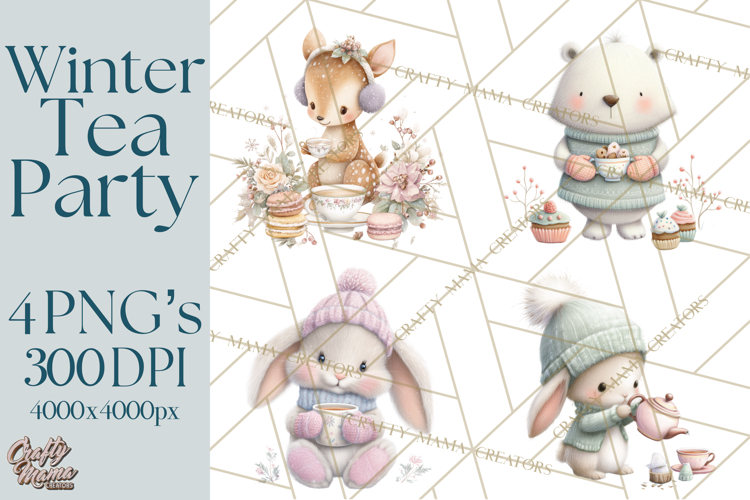 Winter Tea Party Animals PNG, Woodland Cozy Clipart
