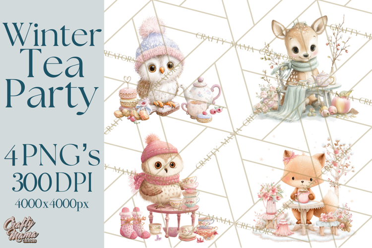 Winter Tea Party Animals PNG, Woodland Cozy Clipart