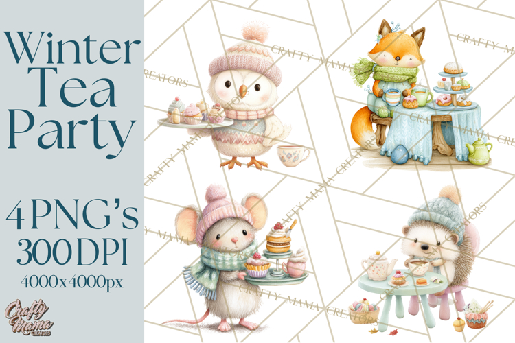 Winter Tea Party Animals PNG, Woodland Cozy Clipart