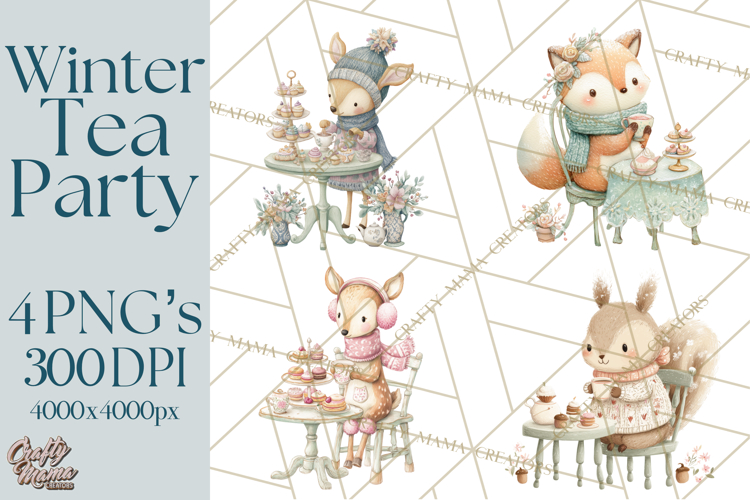 Winter Tea Party Animals PNG, Woodland Cozy Clipart