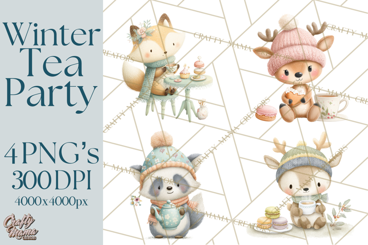 Winter Tea Party Animals PNG, Woodland Cozy Clipart