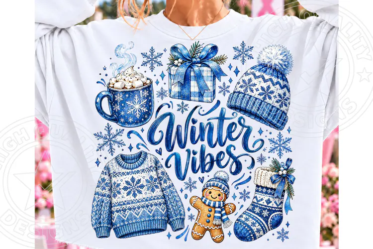 Winter Vibes Blue Cozy Winter Accessories & Hot Cocoa PNG