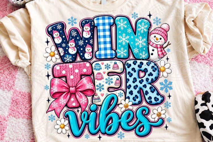 Winter Vibes Sublimation PNG, Cute Pink Bow and Blue Plaid S example image 1