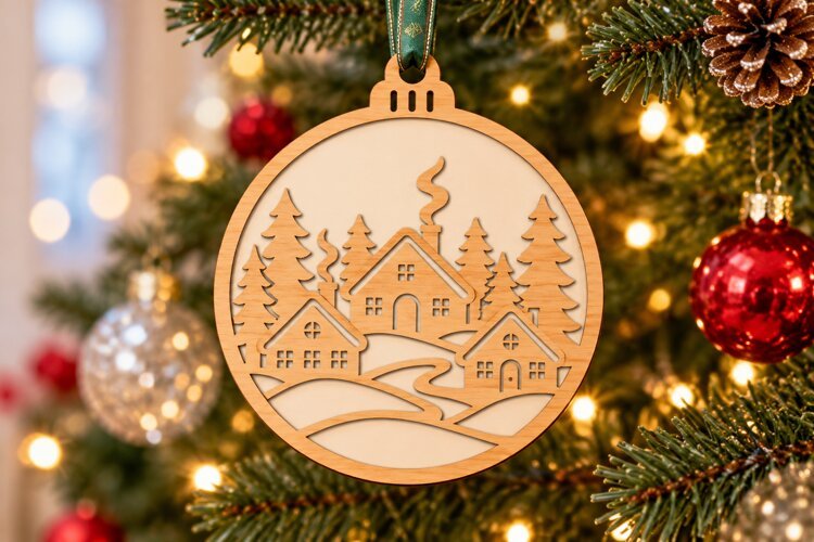 Winter Village and Snowy Forest Ornament SVG example image 1