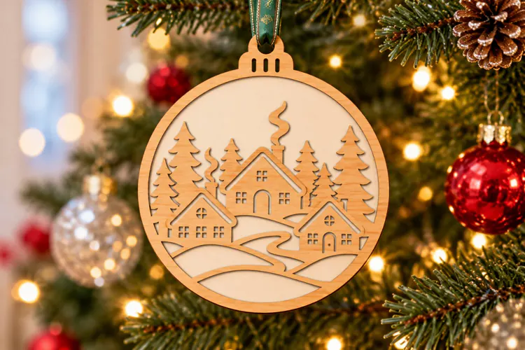 Winter Village and Snowy Forest Ornament SVG