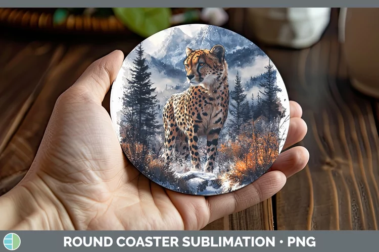 Winter Wild Cats Cheetah Round Coaster Sublimation Coaster D