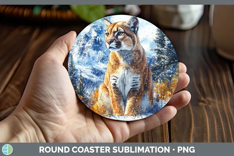 Winter Wild Cats Puma Concolor Round Coaster Sublimation Coa
