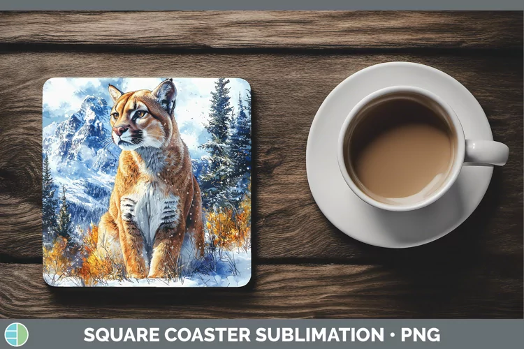 Winter Wild Cats Puma Concolor Square Coaster Sublimation Co