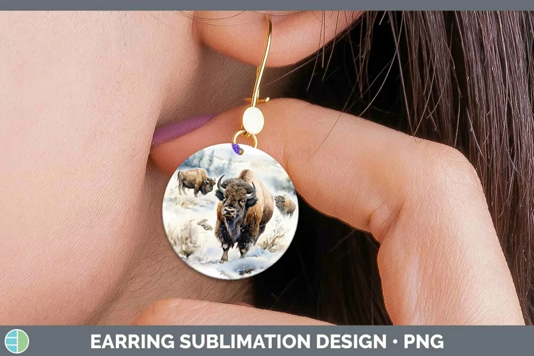 Winter Woodland Animals Bison Round Earrings Sublimation Ear