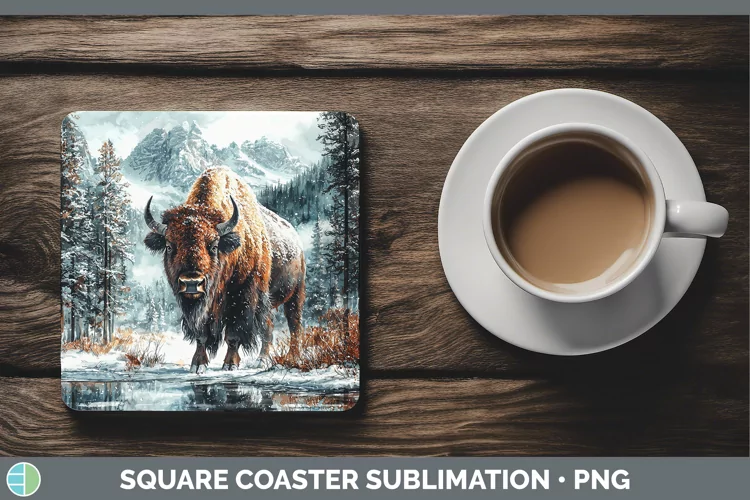 Winter Woodland Animals Bison Square Coaster Sublimation Coa