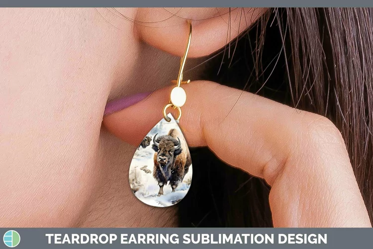 Winter Woodland Animals Bison Teardrop Earrings Sublimation