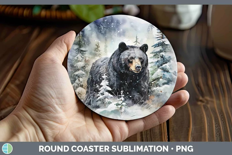 Winter Woodland Animals Black Bear Round Coaster Sublimation