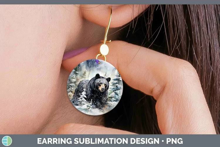 Winter Woodland Animals Black Bear Round Earrings Sublimatio