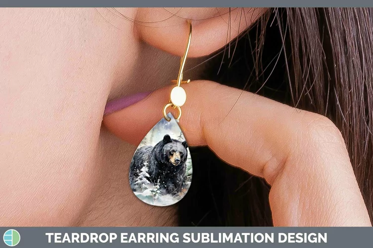 Winter Woodland Animals Black Bear Teardrop Earrings Sublima