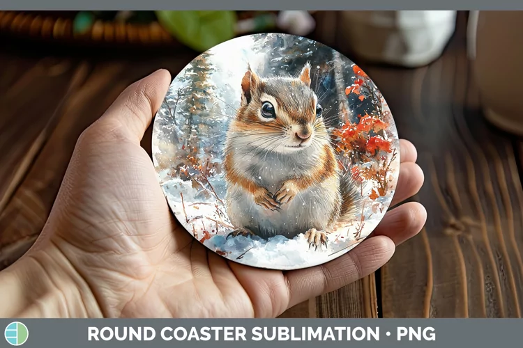 Winter Woodland Animals Chipmunk Round Coaster Sublimation C
