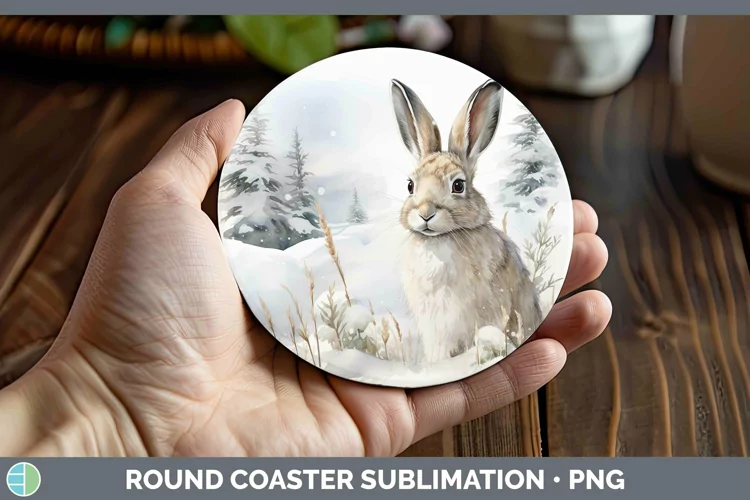Winter Woodland Animals Snowshoe Hare Round Coaster Sublimat