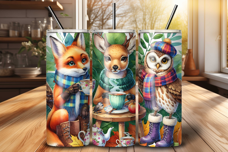 Cozy Winter Woodland Animals Tea 20 oz Tumbler Wrap PNG File