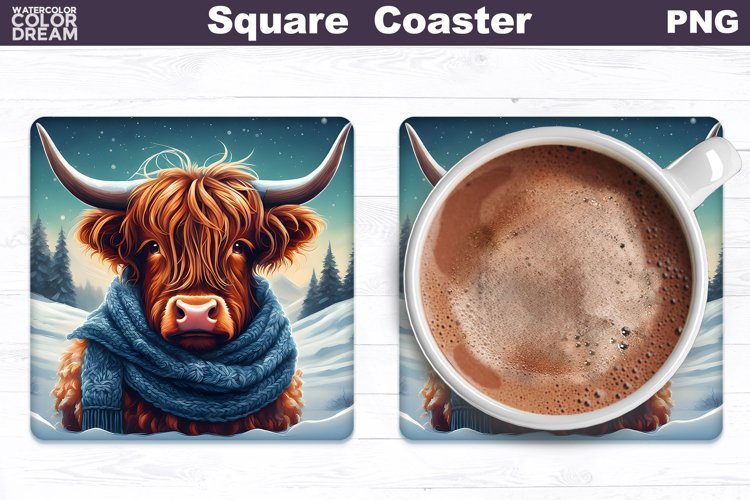 Highland Cow Square Coaster | Winter Cow Coaster PNG example image 1