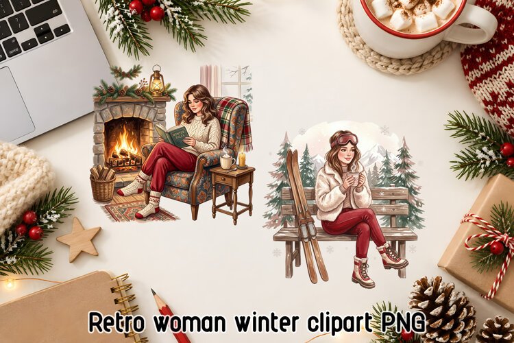 Cozy Retro Winter Woman Clipart PNG example image 1