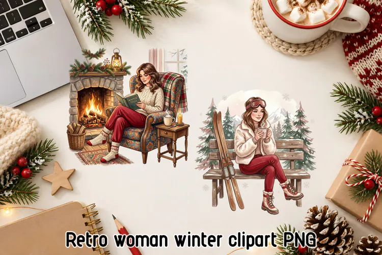 Cozy Retro Winter Woman Clipart PNG