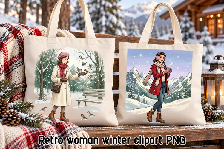 Retro Winter Outdoor Woman Clipart PNG