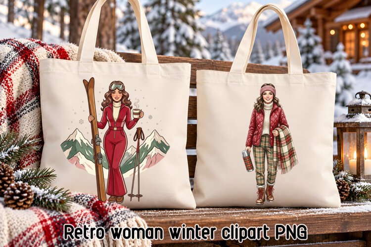 Retro Ski Woman Winter Clipart PNG example image 1