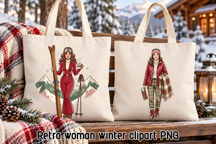 Retro Ski Woman Winter Clipart PNG