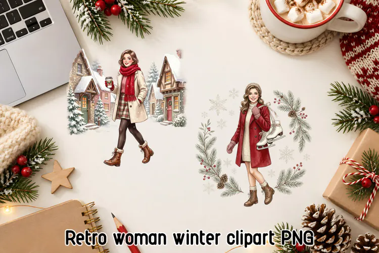 Retro Winter Village Woman Clipart PNG